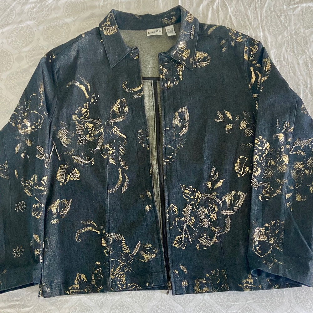 CHICO’S Denim Jacket w Gold Accents & Beading